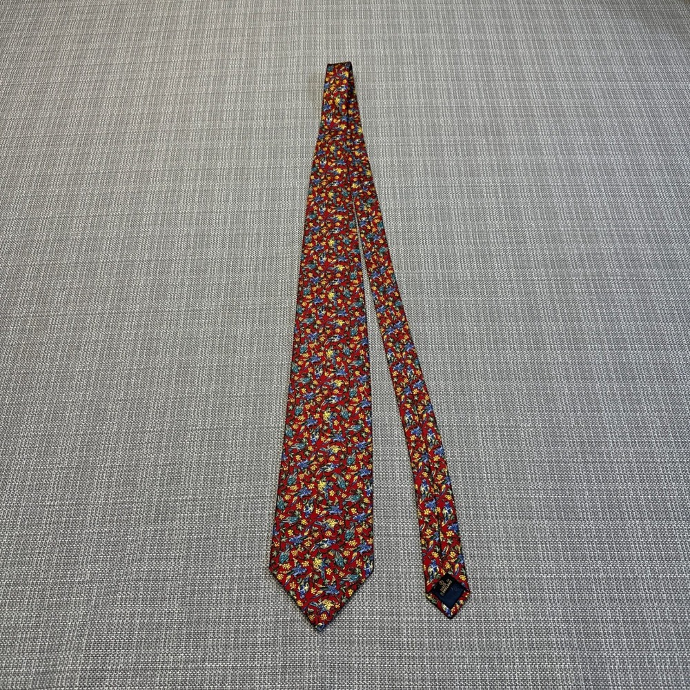 Vintage V&A Museum Silk Tie Red Parrot Bird Floral Print Made in England Preppy